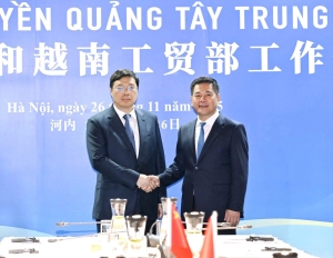 Bộ trưởng Bộ Công Thương Việt Nam Nguyễn Hồng Diên và đồng chí Vi Thao, Chủ tịch Chính quyền nhân dân Khu tự trị dân tộc Choang, Quảng Tây, Trung Quốc trước hội đàm.